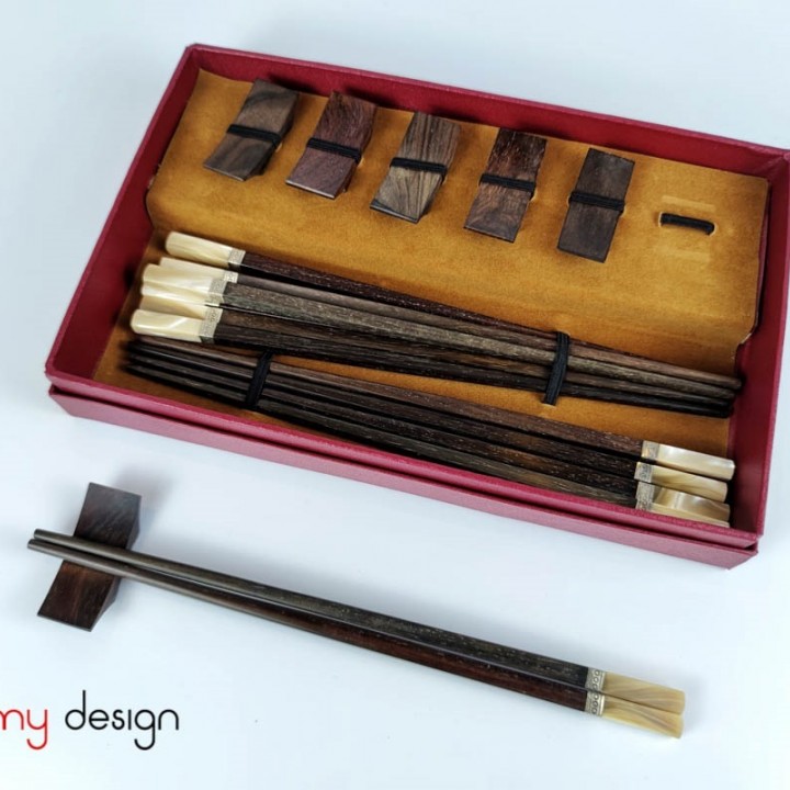 Set of 6 pairs of square rosewood chopsticks with snail head of chopstick, silver border with chopstick holders